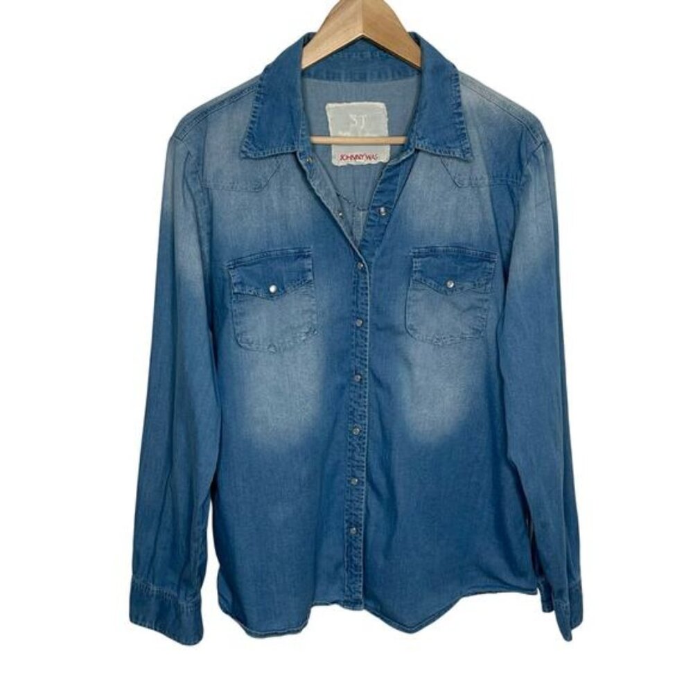 Johnny Was 3J Workshop Womens Long Sleeve Snap Button Up Shirt M Blue Chambray